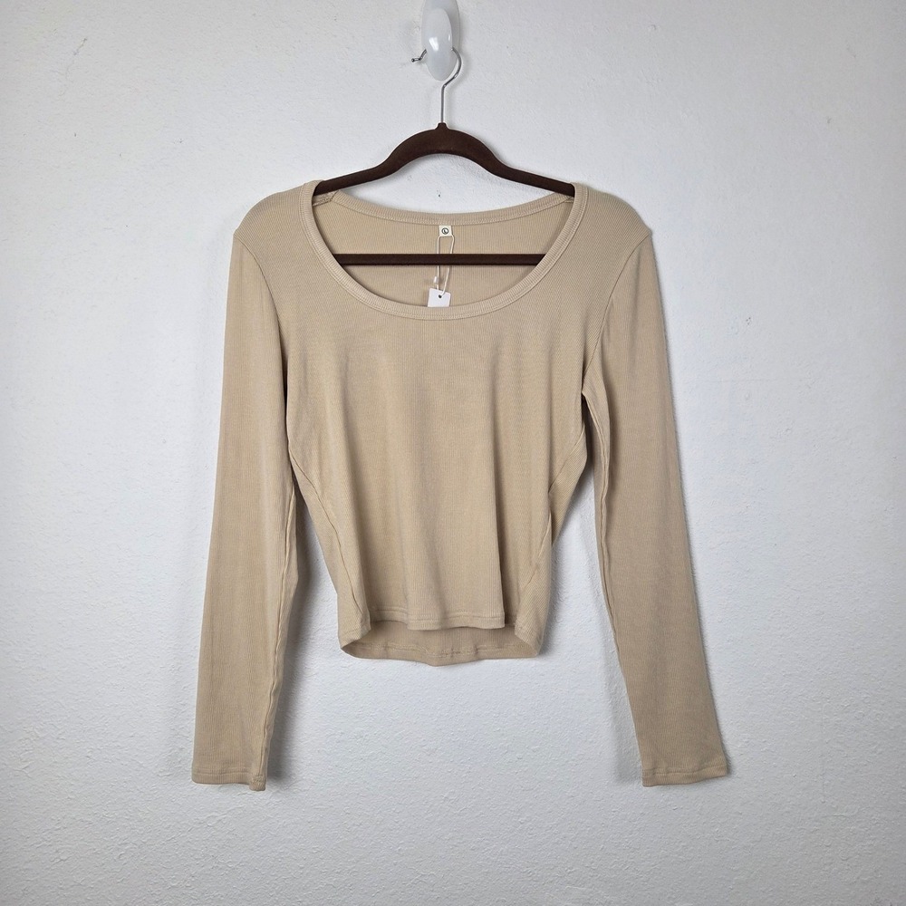 iGENJUN‎ Women Large NWT Beige Ribbed Long Sleeve Scoop Neck Top